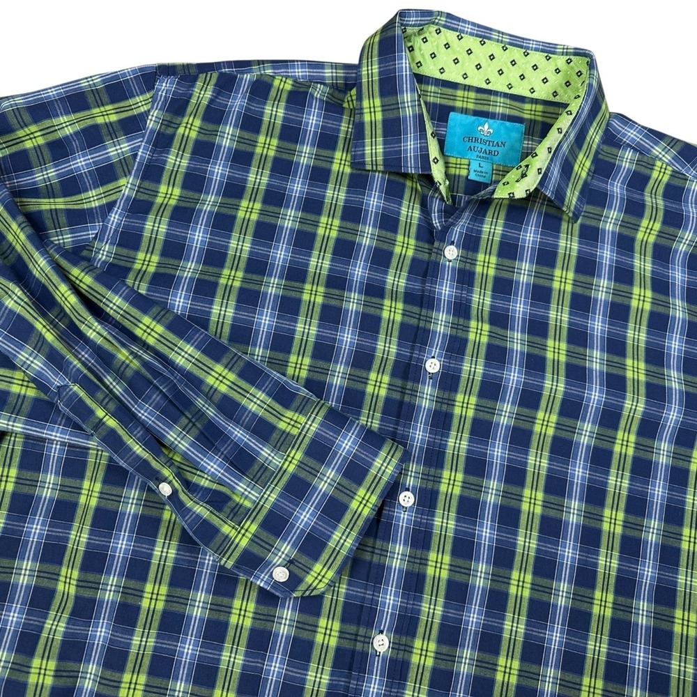 CHRISTIAN AUJARD Button-Up Shirt Blue & Green Plaid Long Sleeve‎ Men's Large